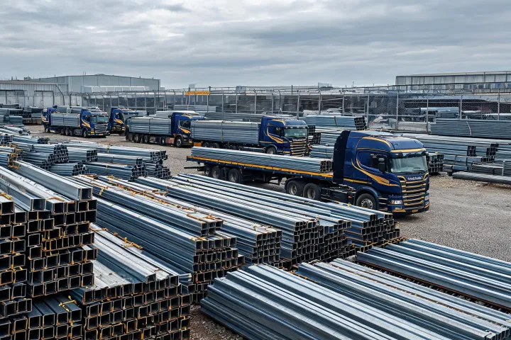 Regional steel stock yard with universal beams ready for delivery