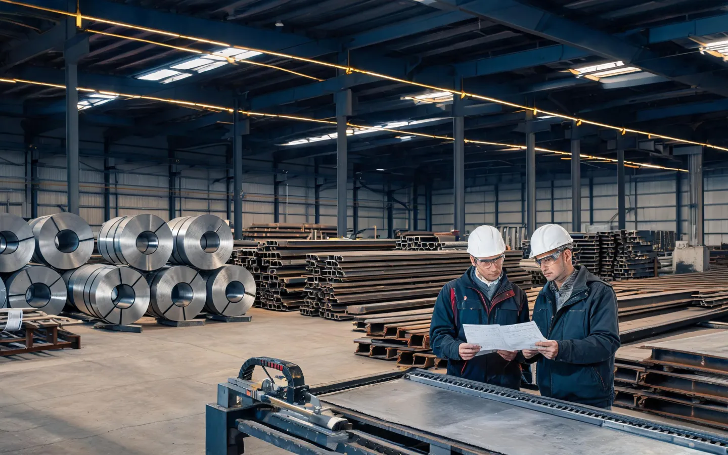 Hot-rolled structural steel coils staged for commercial tower fabrication