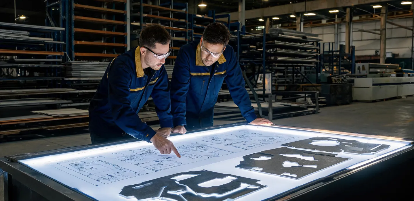 Engineers reviewing structural steel processing and elevator modernization plans